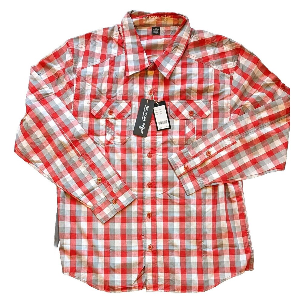 Deadstock RK ICON Casual Outdoor Shirt 3XL (XXL) Red & Gray Buffalo Check Button